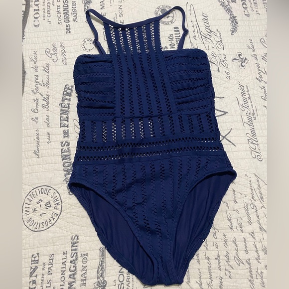 Kenneth Cole New York Women's High Neck Bandeau One Piece Swimsuit Blue Medium - Picture 1 of 8